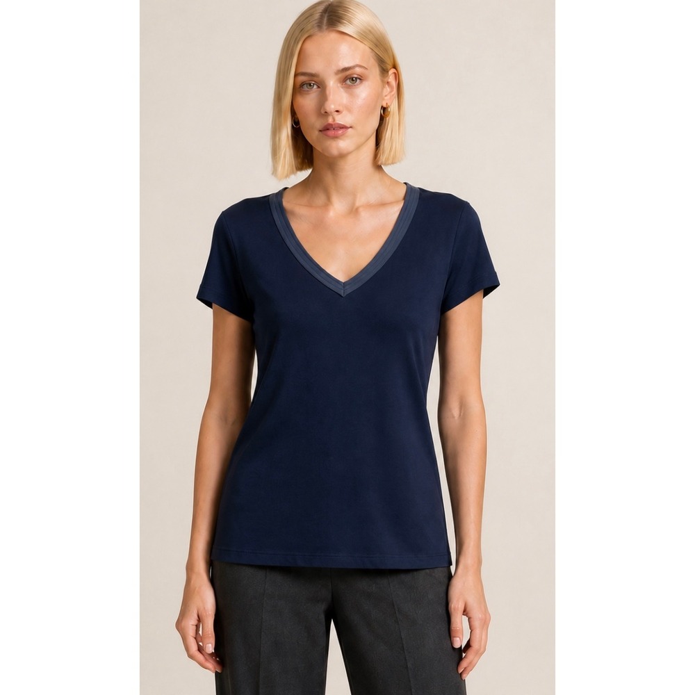 Elaine Kim Rayshan Jersey Tee Navy V-Neck Top NWT Size Petite